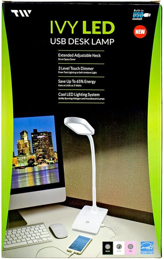 IVY20-40BK Ivy LED Desk Lamp with USB Port for Home Office - Super Bright Small Desk Lamp, a Perfect LED Desk Light as Study Lamp, Bedside Reading Lights (Black)