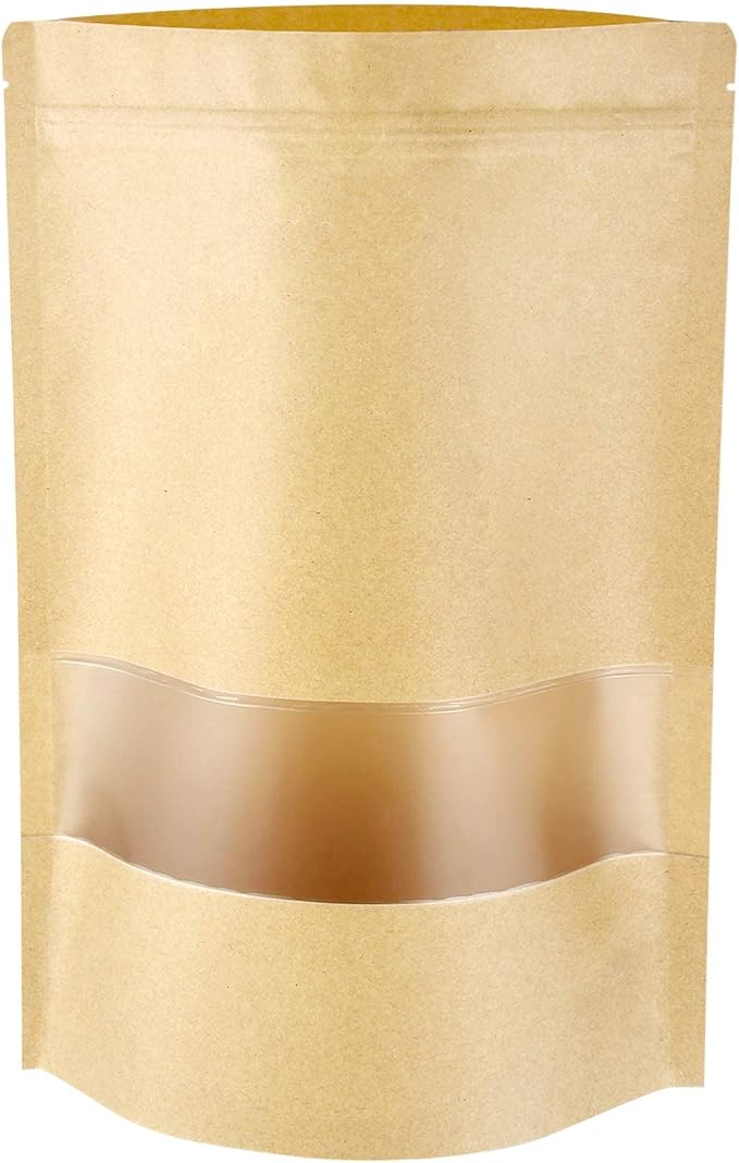 50 Pack Kraft Resealable Bags with Window for Storage (6.5 x 8.7 Inches) | Brown Zipper-Lock Heat Sealable Stand Up Pouch Bags with Matte Window and Tear Notch for Small Business Home Use
