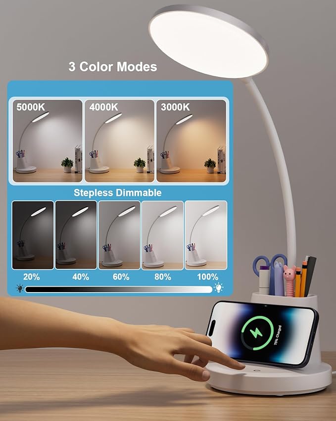 hansang LED Desk Lamp with Wireless Charger for Home Office, Stepless Dimmable, 3 Color Modes, Touch Control White Study Lamp for College Dorm Room, Pen Holder, CRI 90, 800 Lumen, Adapter Included