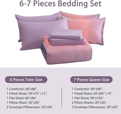Dinjoy Girls Comforter Set Twin XL Size Rainbow Ombre Pink Purple Light Blue Bedding Set Gradient 6 Pieces Bed in A Bag for Kids Teen Women(1 Comforter, 1 Flat Sheet, 1 Fitted Sheet)