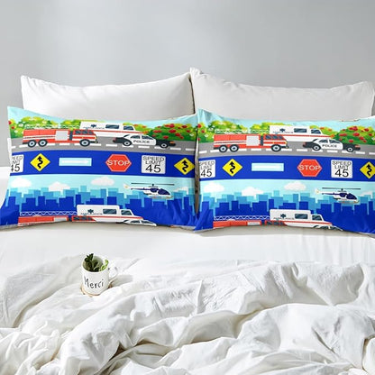 Kids Fire Trucks Car Comforter Set Queen Size Cartoon Police Car Down Comforter Airplane Rescue Vehicles Beding Set Boys Girls Car Room Decor Soft Lightweight Duvet Set, Colorful Comforter