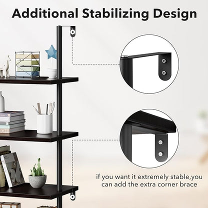 Ladder Shelf Bookcase 5 Tier, Extra Sturdy Modern Bookshelf Wall Mounted, Tall Black Open Book Shelf, Standing Industrial Metal Frame with Wooden Shelves
