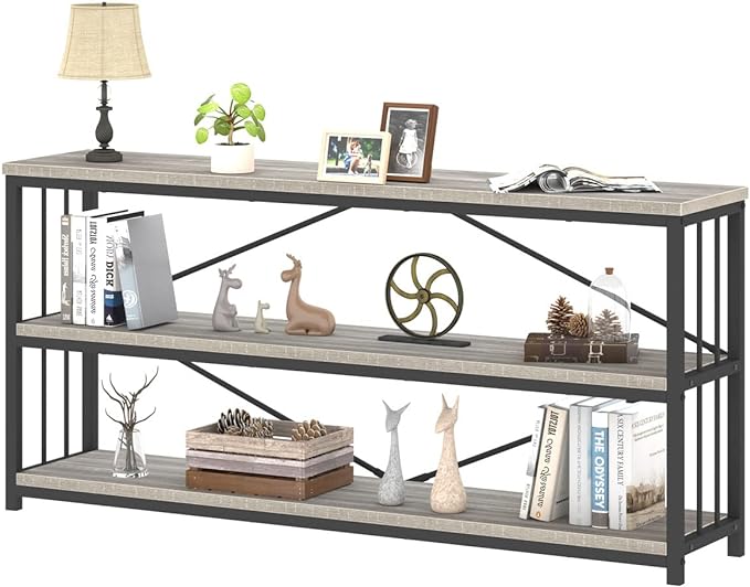 IBF Low Long Horizontal Bookshelf, Industrial Modern 3 Tier Etagere Bookcase, Large Wide Open Rustic Metal and Wood Grey Book Shelf for Bedroom Living Room Home Office Storage, Light Grey Oak, 63 Inch
