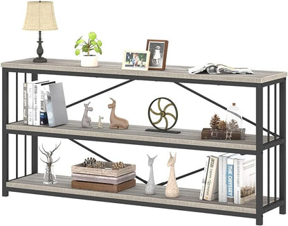IBF Low Long Horizontal Bookshelf, Industrial Modern 3 Tier Etagere Bookcase, Large Wide Open Rustic Metal and Wood Grey Book Shelf for Bedroom Living Room Home Office Storage, Light Grey Oak, 63 Inch