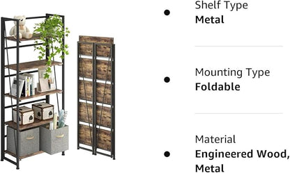 4NM No-Assembly Folding Bookshelf Storage Shelves 5 Tiers Vintage Bookcase Standing Racks Study Organizer Home Office (Rustic Brown and Black)