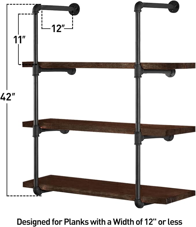 HITOMEN Industrial Iron Pipe Shelves, 2 Set 4-Tier, 42" Tall, 12" Depth, DIY Open Bookshelf Bookcase, Wall Mounted Vintage Retro Shelving, Rustic Farmhouse Pantry Kitchen Storage, Black Shelf Brackets