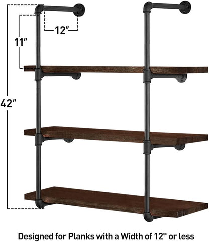 HITOMEN Industrial Iron Pipe Shelves, 2 Set 4-Tier, 42" Tall, 12" Depth, DIY Open Bookshelf Bookcase, Wall Mounted Vintage Retro Shelving, Rustic Farmhouse Pantry Kitchen Storage, Black Shelf Brackets