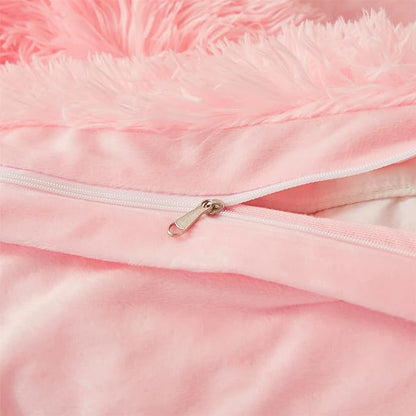 Fluffy Faux Fur Pink Comforter Cover Set Queen - Ultra Soft Plush Pink Bedding Sets 3 Pieces (1 fluffy duvet cover + 2 Faux Fur Pillow case) Cute Pink Bed Set (Light Pink, Queen)