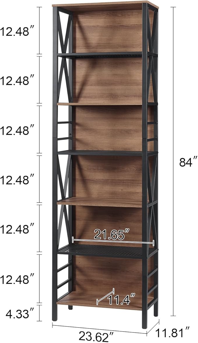 HOMISSUE Bookshelf, 7-Tier Bookshelf, Rustic Wood Metal Bookshelves and Bookcases, Freestanding Open Bookshelf, Industrial Tall Bookcase for Home Office, Living Room and Bedroom, Vintage Brown