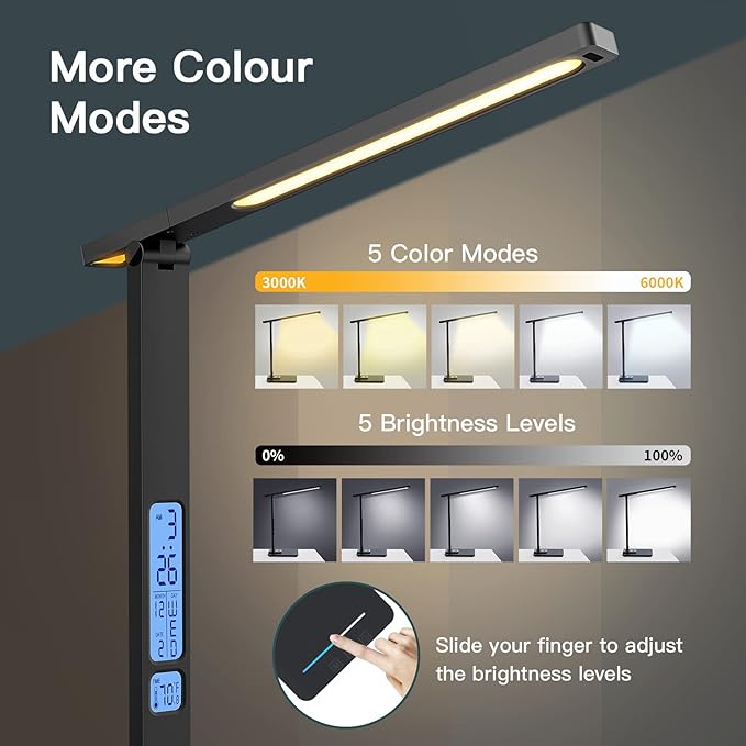 LED Desk Lamp with Wireless Charger, USB Charging Port, Sliding Dimmable Auto Timer Table Lamp with Night Light, Desk Lights with Clock for Study Reading Home Office