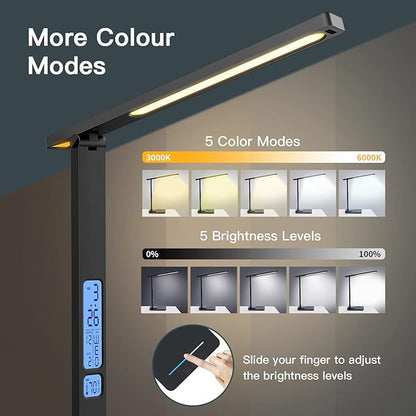 LED Desk Lamp with Wireless Charger, USB Charging Port, Sliding Dimmable Auto Timer Table Lamp with Night Light, Desk Lights with Clock for Study Reading Home Office