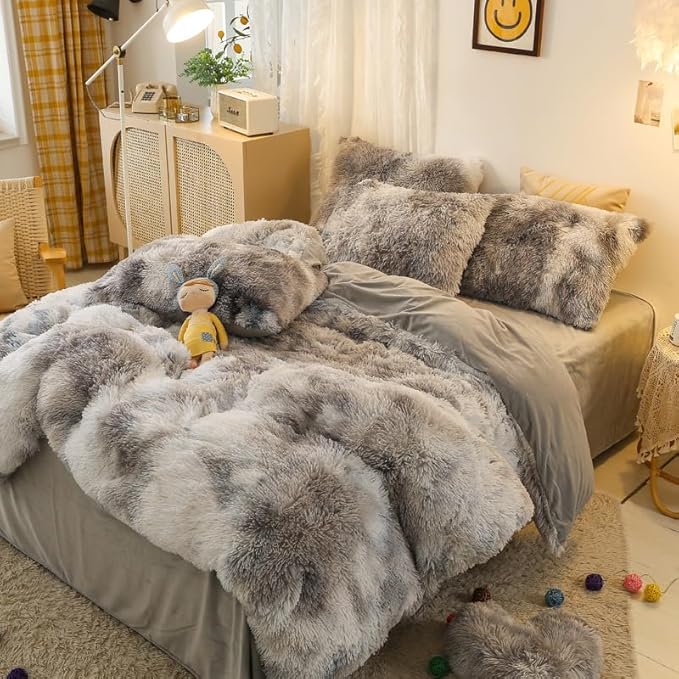 Faux Fur Kids Girls TD Black Comforter Sets Queen - 3PC Bed Set Warm Comfortable Soft Plush Flannel Velvet Fluffy Fuzzy Bedding（Comforter x 1 Pillowcases x 2）