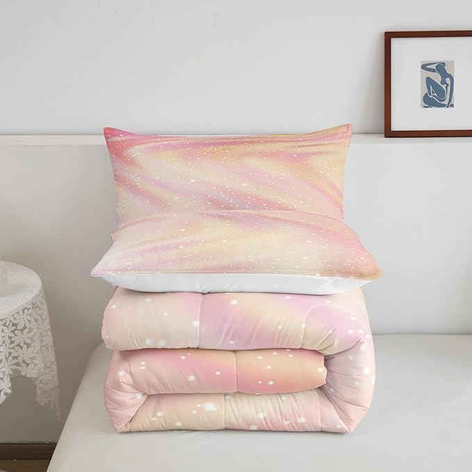 Pastel Girls Twin Bedding, Galaxy Glitter Comforter Set Twin Size for Kids Girls Children Women, Pink Yellow Ombre Bedding Comforter Sets Star Sky Rainbow Sparkle Quilt Tie Dye Bedroom Decor, 2 Pcs