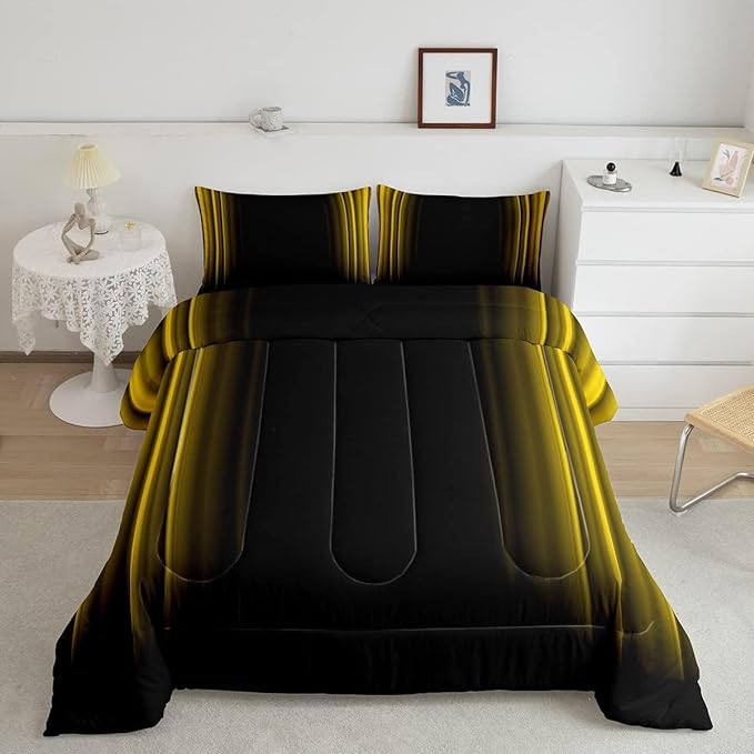 Geometric Abstract Ombre Bedding Bed Set Men Adults Teens Yellow and Black Striped Comforter Set Kids Boys Girls Simple Modern Comforter Inner Fill Bedroom Collection 3Pcs Queen Size