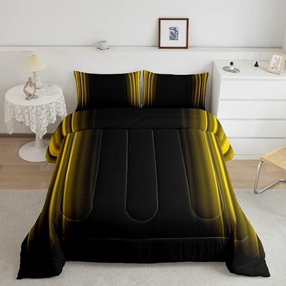 Geometric Abstract Ombre Bedding Bed Set Men Adults Teens Yellow and Black Striped Comforter Set Kids Boys Girls Simple Modern Comforter Inner Fill Bedroom Collection 3Pcs Queen Size