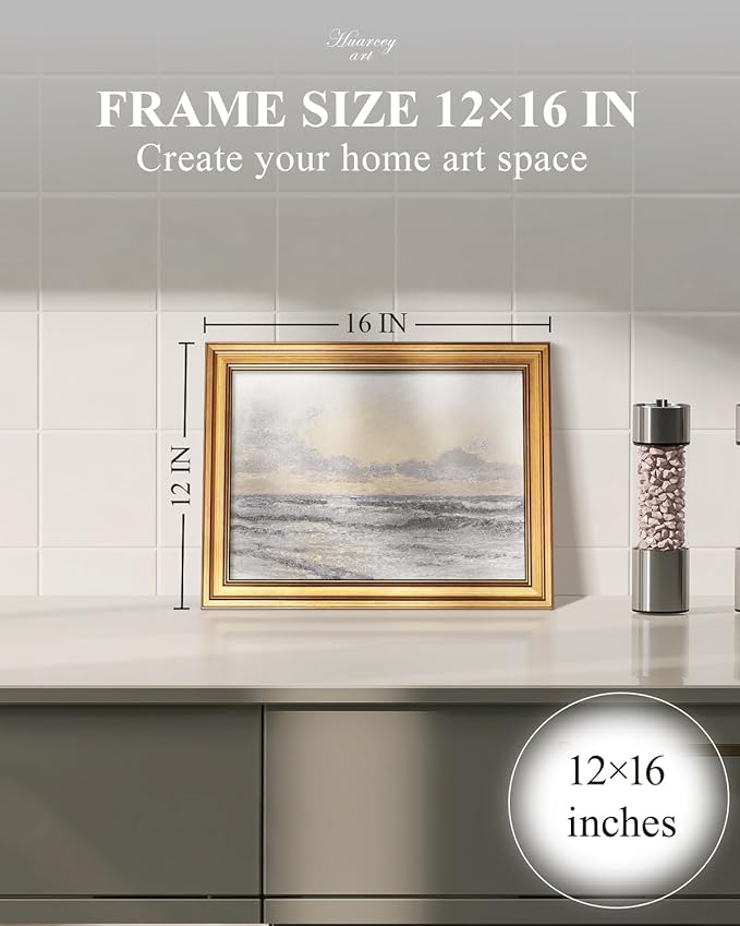 HUARCEY Gold Framed Vintage Wall Art for Living Room, Landscape Painting Prints Shelf Decor for Kitchen, Aesthetic Bedroom Wall Art, Christmas Gifts for Friends or Family (Sea or Sky - 12"x16")