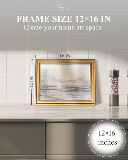 HUARCEY Gold Framed Vintage Wall Art for Living Room, Landscape Painting Prints Shelf Decor for Kitchen, Aesthetic Bedroom Wall Art, Christmas Gifts for Friends or Family (Sea or Sky - 12"x16")