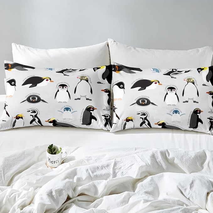 Erosebridal Penguin Comforter Set King Size,Black White Penguins Bedding Set Cute Animal Down Comforter for Kids Boys Girls Teens,Wildlife Grey Bedding Quilted Sets with 2 Pillow Cases Bedroom Decor