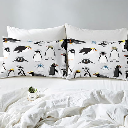 Erosebridal Penguin Comforter Set King Size,Black White Penguins Bedding Set Cute Animal Down Comforter for Kids Boys Girls Teens,Wildlife Grey Bedding Quilted Sets with 2 Pillow Cases Bedroom Decor