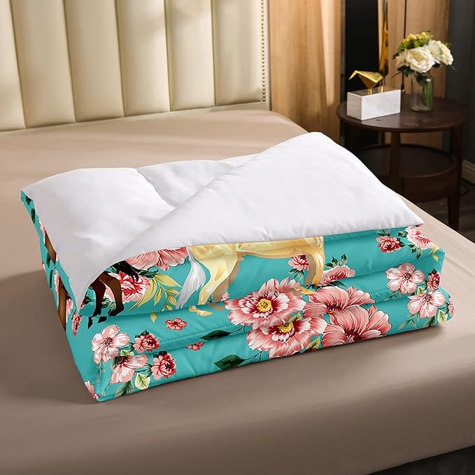 Kids Horse Bedding Set Chic Retro Floral Bedding Comforter Set for Girls Teens Galloping Horse Printed Comforter 3D Wild Farm Animal Duvet Set Bedroom Decor Quilt Set 2Pcs Twin Size, Green Pink