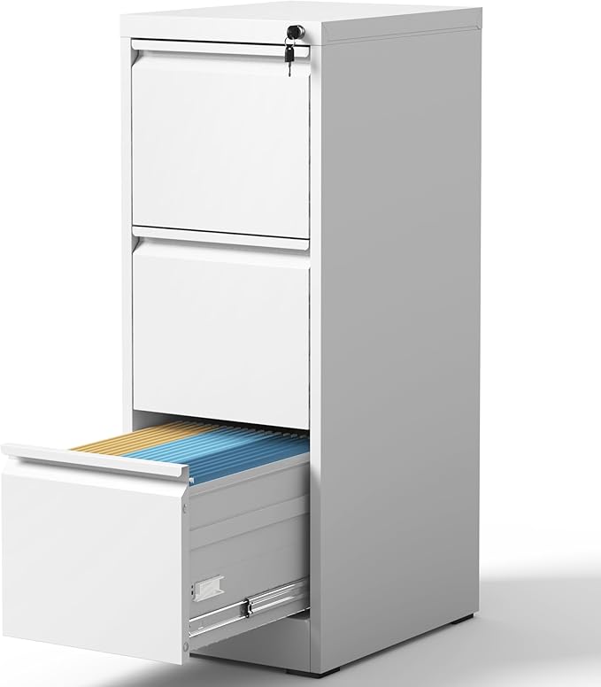 3 Drawer File Cabinet with Lock, Metal Vertical Filing Cabinets for Home Office, Steel Storage Cabinet for Hanging Legal/Letter Size Files, Assembly Required (White)