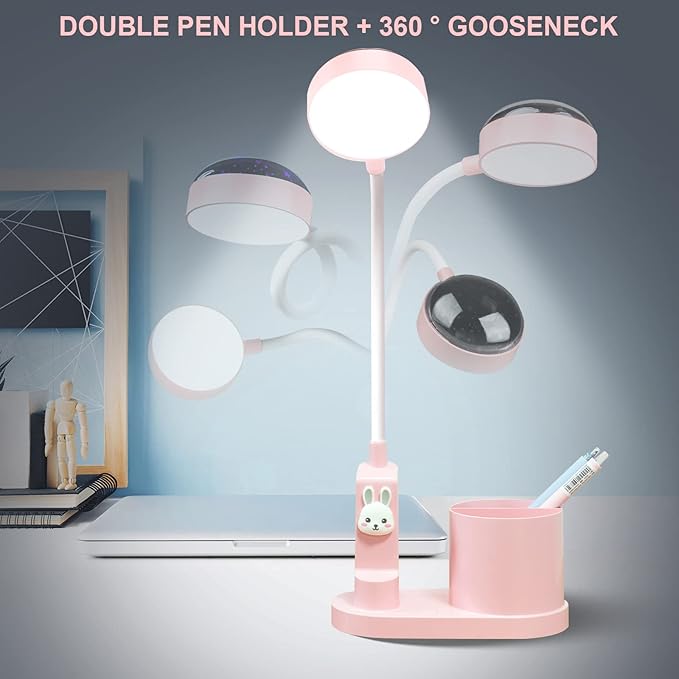 Pink Kids Desk Lamp with Pen holder, Rabbit cute LED Desk/Table Lamp with Dimmable Natrue Light, USB rechargeable and Funny projector, Small Bedside lamp, LED lamp for girls Bedrooms