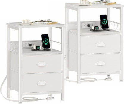 Furologee Nightstands Set of 2, Night Stands with Charging Station, Side Tables with 2 Fabric Drawers, End Tables with Storage Shelves, for Bedroom, White