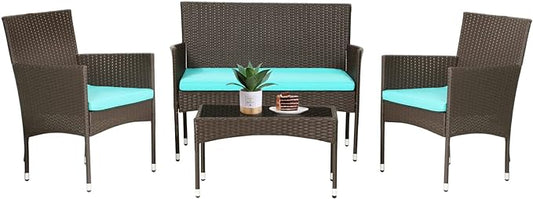 FDW 4 Pieces Patio Furniture Set Wicker Patio Conversation Set with Rattan Chair Loveseats Coffee Table for Outdoor Indoor Garden Backyard Porch Poolside Balcony,Brown Wicker/Blue Cushions