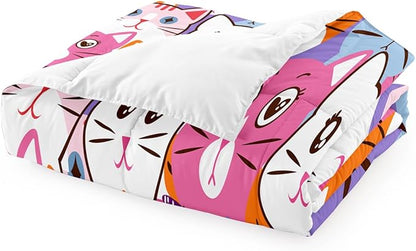 Cat Comforter Set Queen Size - 3Pcs Colorful Cat Bedding Set for Boys Girls Teens Cute Animals Themed Bedding Set Warm Ultra Soft Cartoon Cat Quilt Cover with 2 Pillowcases for Kids Room Decor