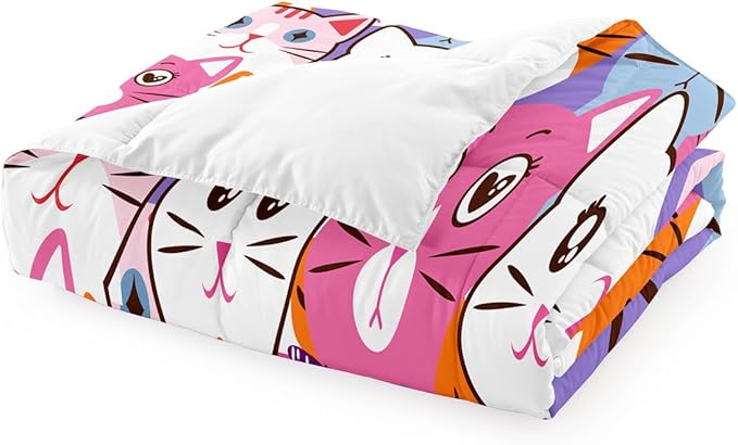 Cartoon Cat Bedding Set - 2Pcs Cute Cat Comforter Set for Bedroom Kids Boys Girls Cat Bedding Decor for All-Season Colorful Kitten Pattern Lovely Animal 1 Cat Comforter with 1 Pillowcase, Twin Size