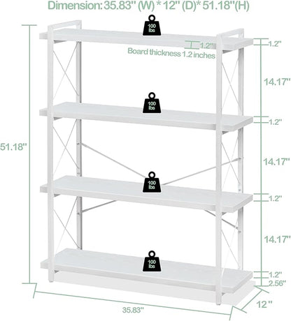 HCHQHS Bookshelf, 4-Tier Industrial Bookcase, White Open Book Shelf, Freestanding Tall Bookshelves with Metal Frame