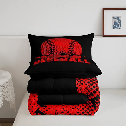 Erosebridal Kids Baseball Queen Size Bedding Set Red Black Sports Comforter Set for Boys Girls Teen,Reversible Black Quilt Comforter Soft Lightweight for All Season,1 Comforter and 2 Pillow Cases
