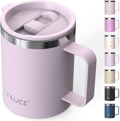 TILUCK 12 oz Insulated Coffee Mug with Lid and Handle | BPA-Free Lid, Double-Wall Vacuum Insulation, Stainless Steel Coffee Cup,Dishwasher Safe Mug for Hot & Cold Drinks,LightPurple