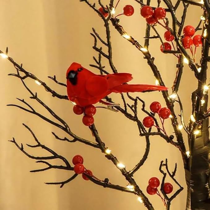 21in Black Birch Tree with 60 Led Lights, Twinkle Tree Lamp with Lighted Branches, Fairy Light Spirit Tree with 2 Red Birds for Room Decor, Easter, Halloween, Thanksgiving, Christmas, New Year, etc.