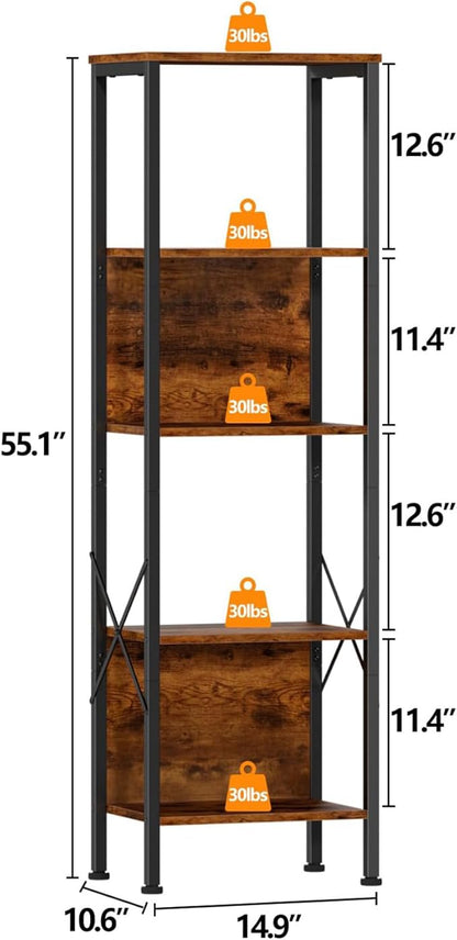 Furologee 5 Tier Bookshelf with Back, Tall Narrow Bookcase, Rustic Standing Shelf Units, Metal and Wood Display Storage Rack Organizer for Bedroom, Living Room, Home Office, Entryway