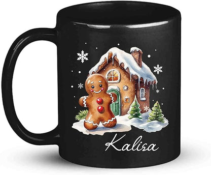 Personalized Christmas Gingerbread Black Cup, Christmas Gingerbread House Design Mug, Customized Name Christmas Coffee Cup 11oz 15oz, Custom Xmas Themed Ceramic Mug, Gift For Son Daughter