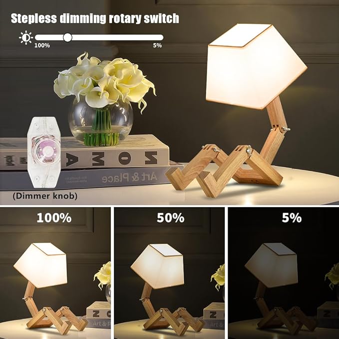 ELINKUME Cute Robot Desk Lamp,Dimmable Bedside Table Lamps,Square Lampshade Night Light with Foldable Solid Wood Body,Fun Kids Lamp, Nightstand lamp for Bedroom,Study,Office,Living room(Gift)