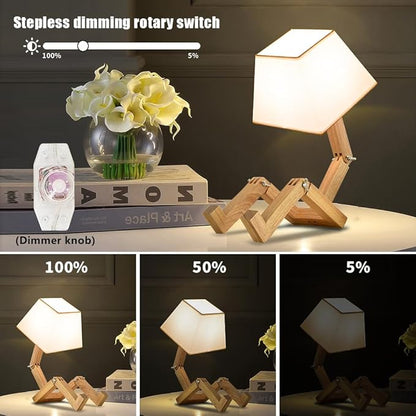 ELINKUME Cute Robot Desk Lamp,Dimmable Bedside Table Lamps,Square Lampshade Night Light with Foldable Solid Wood Body,Fun Kids Lamp, Nightstand lamp for Bedroom,Study,Office,Living room(Gift)