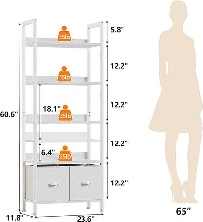 Furologee 5 Tier Bookshelf with Drawers, White Tall Bookcase with Shelves, Wood and Metal Book Shelf Storage Organizer, Modern Display Free Standing Shelf Unit for Bedroom, Living Room, Office