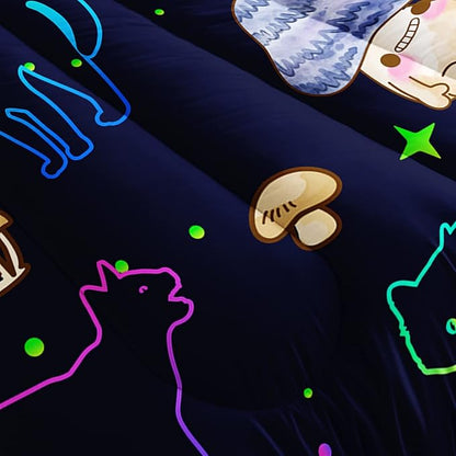Mushroom Kawaii Cat Comforter Set Twin Size Kids Mushroom Bedding Set Star Theme Quilt Bed Set for Boys Girls Adults with 1 Comforter and 2 Pillowcases