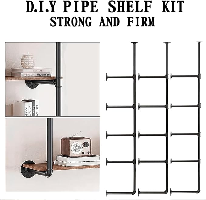 HITOMEN Industrial Iron Pipe Shelves, 3 Set 5-Tier, 70" Tall, 12" Depth, DIY Open Bookshelf Bookcase, Wall Mounted Vintage Retro Shelving, Rustic Farmhouse Pantry Kitchen Storage, Black Shelf Brackets