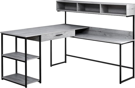 Monarch Specialties Workstation for Home & Office with Multiple Shelves and Drawer L-Shaped Corner Desk with Hutch, 60" L, Grey/Black Frame