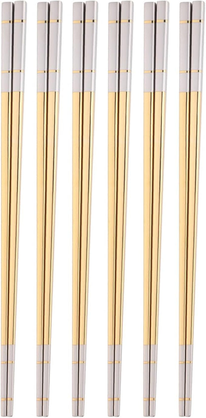 Reusable Stainless Steel Chopsticks,Dishwasher Safe , Easy to Use(6 PCS,Gold)