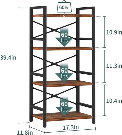 Yoobure 4 Tier Bookshelf - Small Book Shelf Industrial Bookcase, Narrow Book Case Book Storage Organizer for CD/Movie/Book, Bookshelves for Bedroom Office Living Room Berry Brown