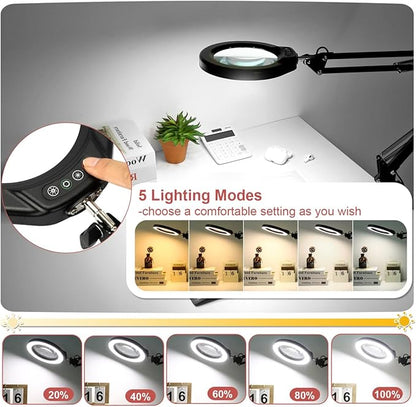 Veemagni 5 Inch Large Magnifying Glass with Light and Stand, 5 Color Modes Stepless Dimmable 10X Glass Lens, Hands Free 2-in-1 Desk Lamp & Clamp, LED Lighted Magnifier for Repair Crafts Close Work