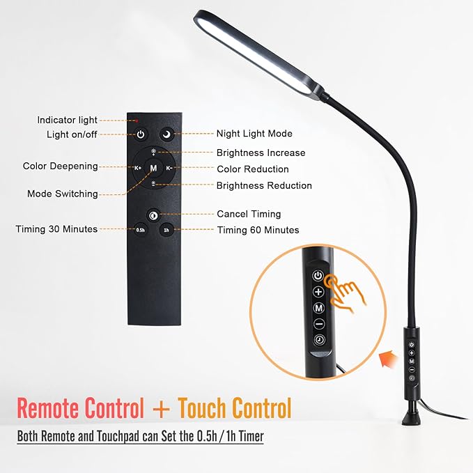 Clamp on Lamp, LED Desk Lamp, 18W, 3000 LMS, 3 Color Modes, 16 Brightness Levels, CRI>95, 0.5H/1H Timer, Eye-Caring Task Lamp with Remote for Reading, Home, Office (Adapter Included)