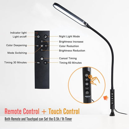 Clamp on Lamp, LED Desk Lamp, 18W, 3000 LMS, 3 Color Modes, 16 Brightness Levels, CRI>95, 0.5H/1H Timer, Eye-Caring Task Lamp with Remote for Reading, Home, Office (Adapter Included)