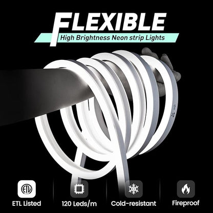 GZBtech Flexible LED Neon Rope Lights 66FT,AC 110-120V Waterproof Strip Light, 120 LEDs/M Cuttable Connectable Neon Lighting for Indoor Outdoor Home Decor/Commercial Building Use-Cold White 20M