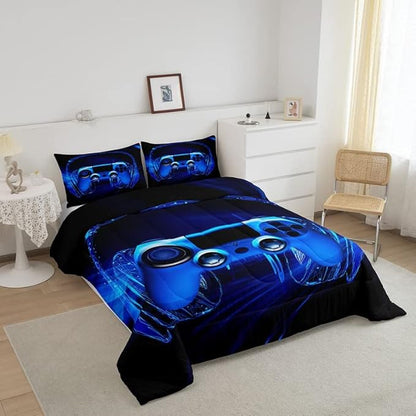 Feelyou Gamer Bedding Set Kids Video Game Gamepad Comforter Set for Boys Teens Gaming Headset Comforter Blue Game Controller Duvet Set Room Decor Quilt King Size Boys