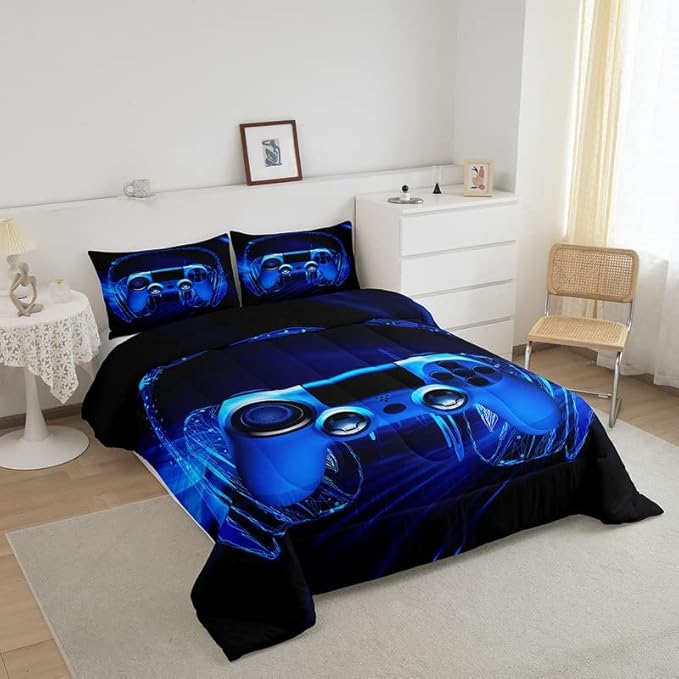 Gamer Bedding Set Kids Video Game Gamepad Comforter Set for Boys Teens Gaming Headset Comforter Breathable Blue Game Controller Duvet Set Room Decor Quilt Set Full Size